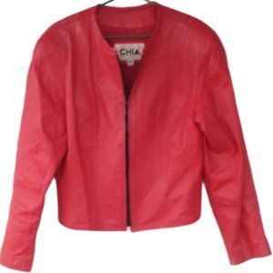 Women Red Leather Lined Jacket Zip Up Coat Jewel Neckline Size Medium
